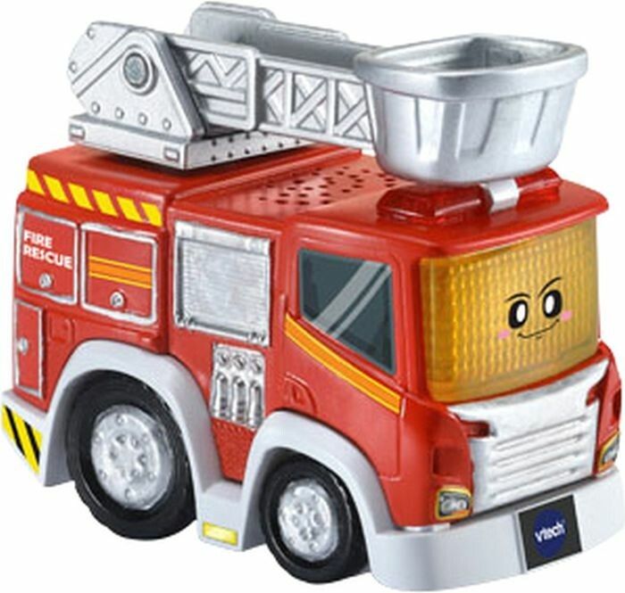 Rotes Feuerwehrauto-Spielzeug mit Leiter. Enthält Text: "FIRE RESCUE" und "Vtech".