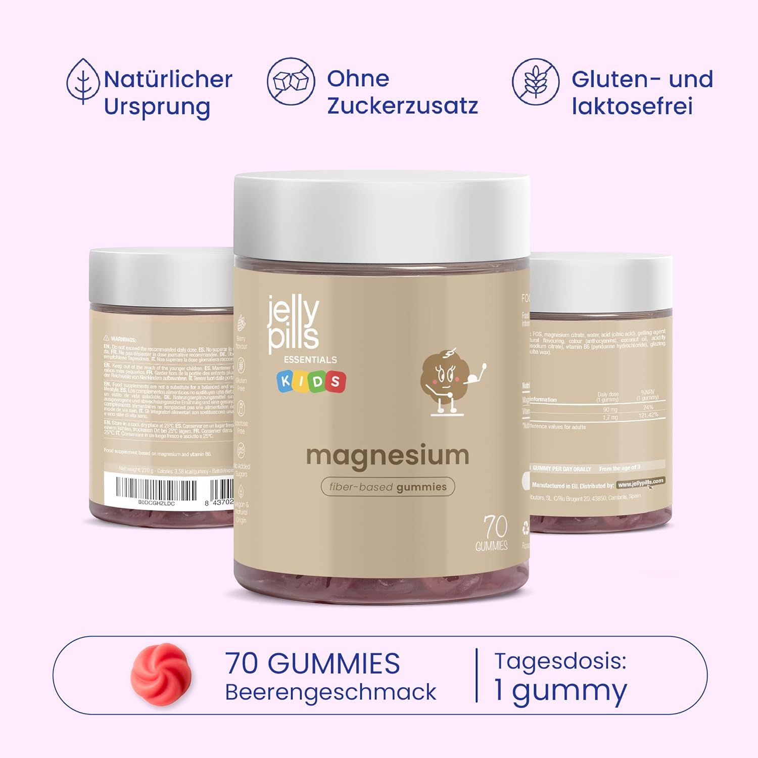 Drei Behälter Jelly Pills Magnesium Gummis. Aufschrift: Magnesium, fiber-based gummies, 70 Gummies. Zusätzliche Informationen: 70 GUMMIES, Tagesdosis: 1 gummy.