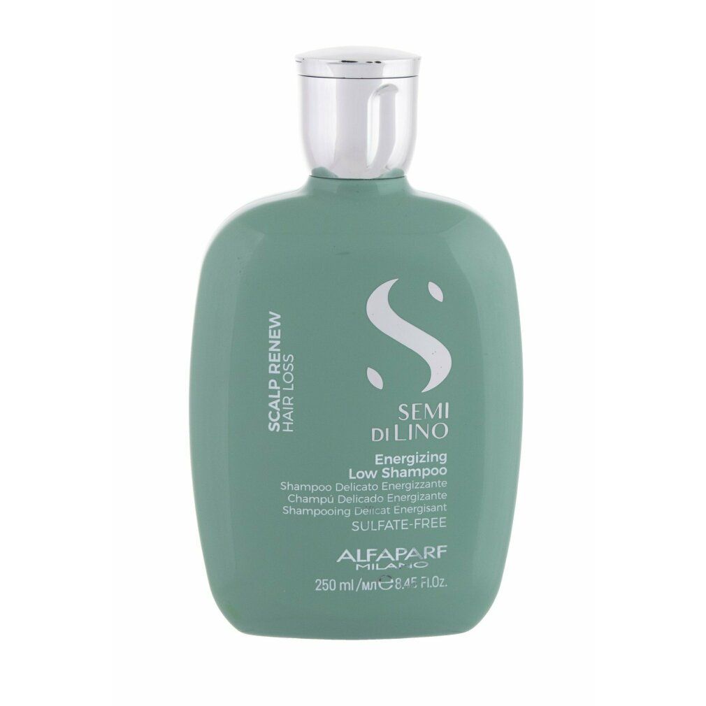 Grüne Flasche mit silbernem Deckel. Aufschrift: Scalp Renew Hair Loss, Semi Di Lino, Energizing Low Shampoo, Alfaparf Milano.