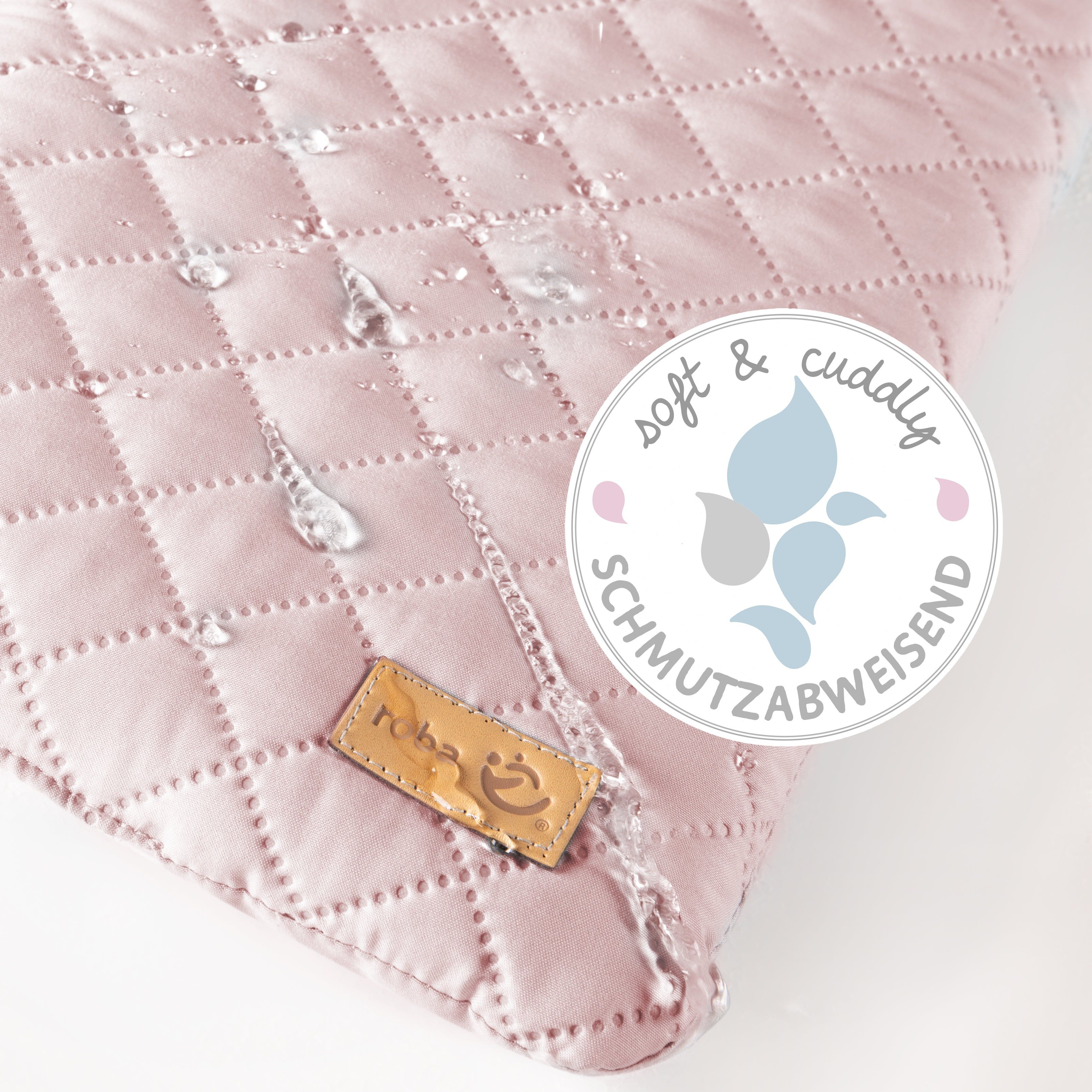 Rosa Wickelauflage mit Wassertropfen. Label mit Logo und Schriftzug 'roba'. Text: 'soft & cuddly' und 'schmutzabweisend'.