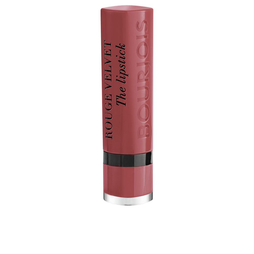 Lippenstift, geschlossen. Aufschrift: Bourjois Rouge Velvet The lipstick. Farbe: rosa.