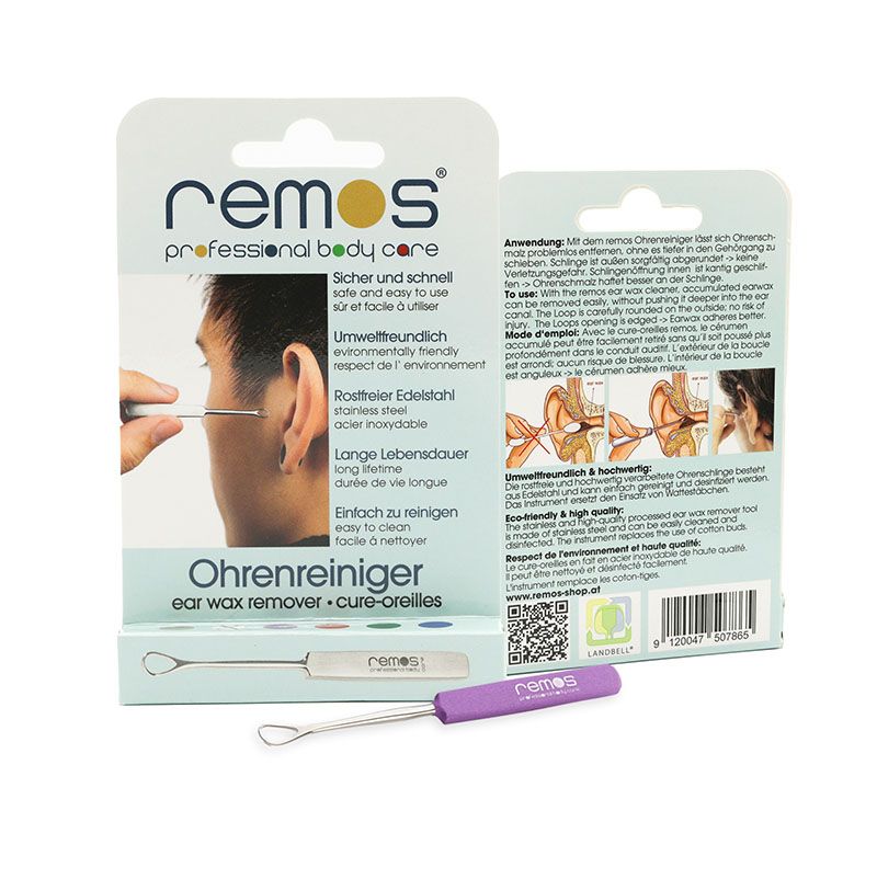 Verpackung mit Ohrreiniger und Produktabbildung. Text: remos professional body care, Ohrenreiniger, ear wax remover, cure-oreilles.