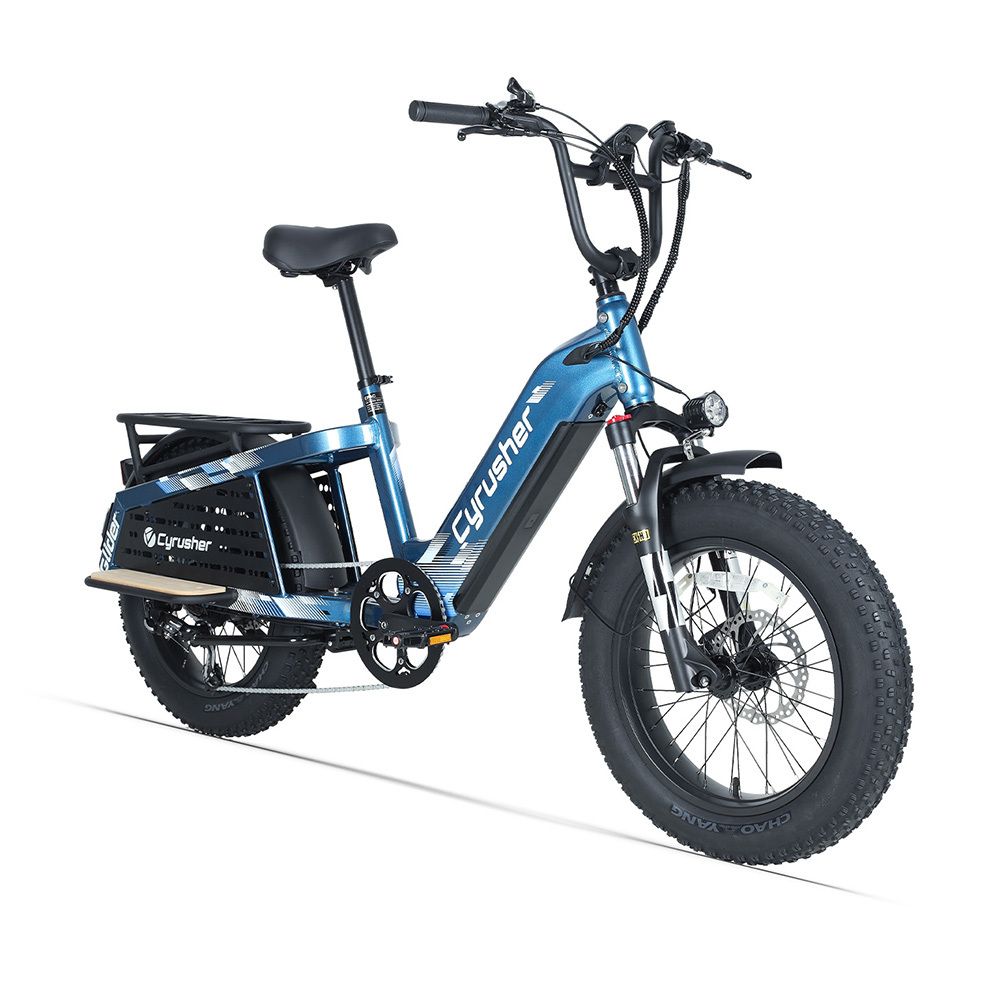 Blaues E-Cargo-Bike mit breiten Reifen. Seitenansicht mit Logo.