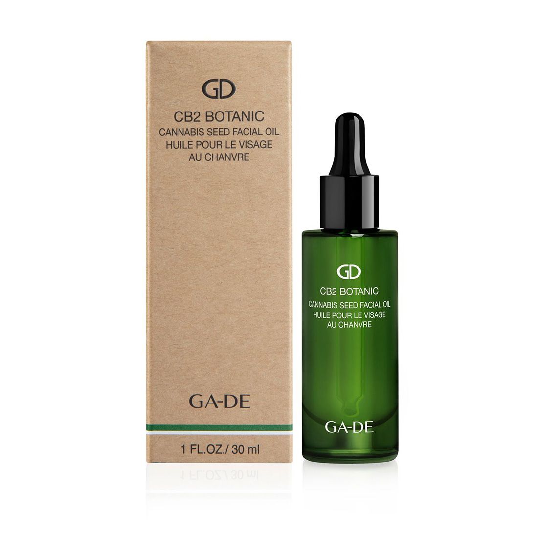 Grüne Glasflasche mit schwarzem Tropfer und Karton. Aufschrift: CB2 Botanic Cannabis Seed Facial Oil. Marke: GA-DE.