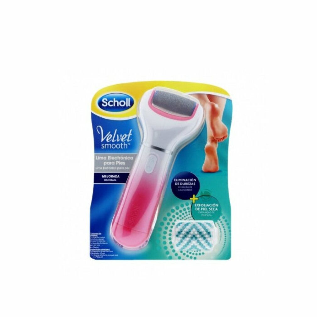 Scholl Velvet Smooth elektrische Fußfeile in Verpackung. Rosa-weißes Gerät mit Rollkopf. Verpackung mit Produktname und Fußabbildung.