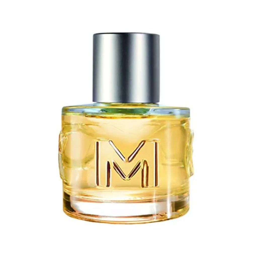 Glasflakon von MEXX Woman Eau de Toilette. Zylindrische Form, silberner Deckel. Aufschrift 'M' auf dem Flakon.