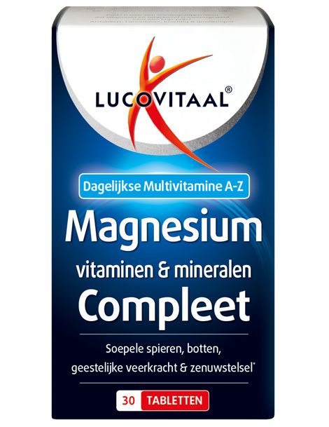 Verpackung für Lucovitaal Magnesium, Vitamine & Mineralen Compleet mit Informationen zu täglicher Multivitamin-A-Z-Versorgung.