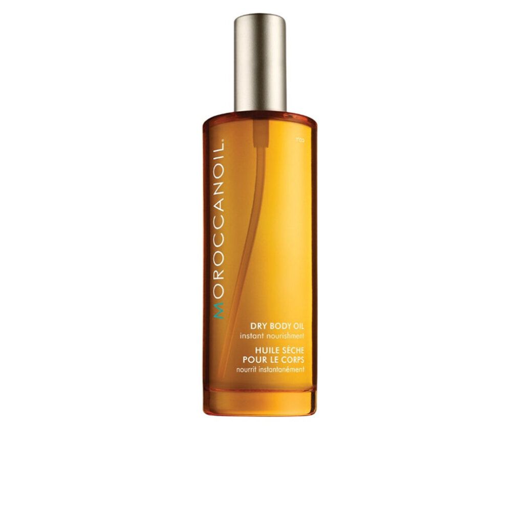 Braune Glasflasche mit gelbem Inhalt. Sprühkopf. Text: Moroccanoil, Dry Body Oil, Huile Seche.