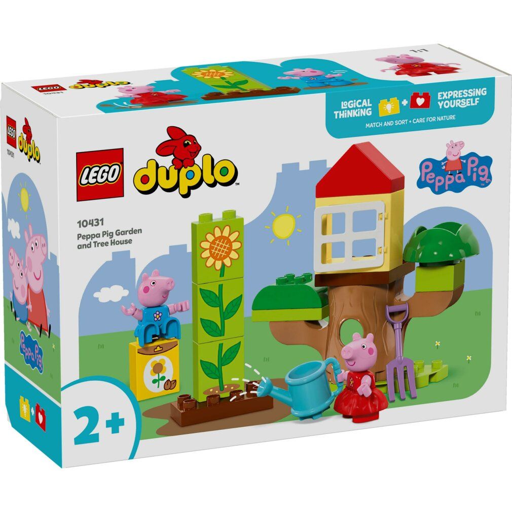 LEGO Duplo Set. Enthält Peppa Pig Figuren, Baumhaus, Blumen, Gießkanne und Zubehör. Verpackung mit Produktbild.