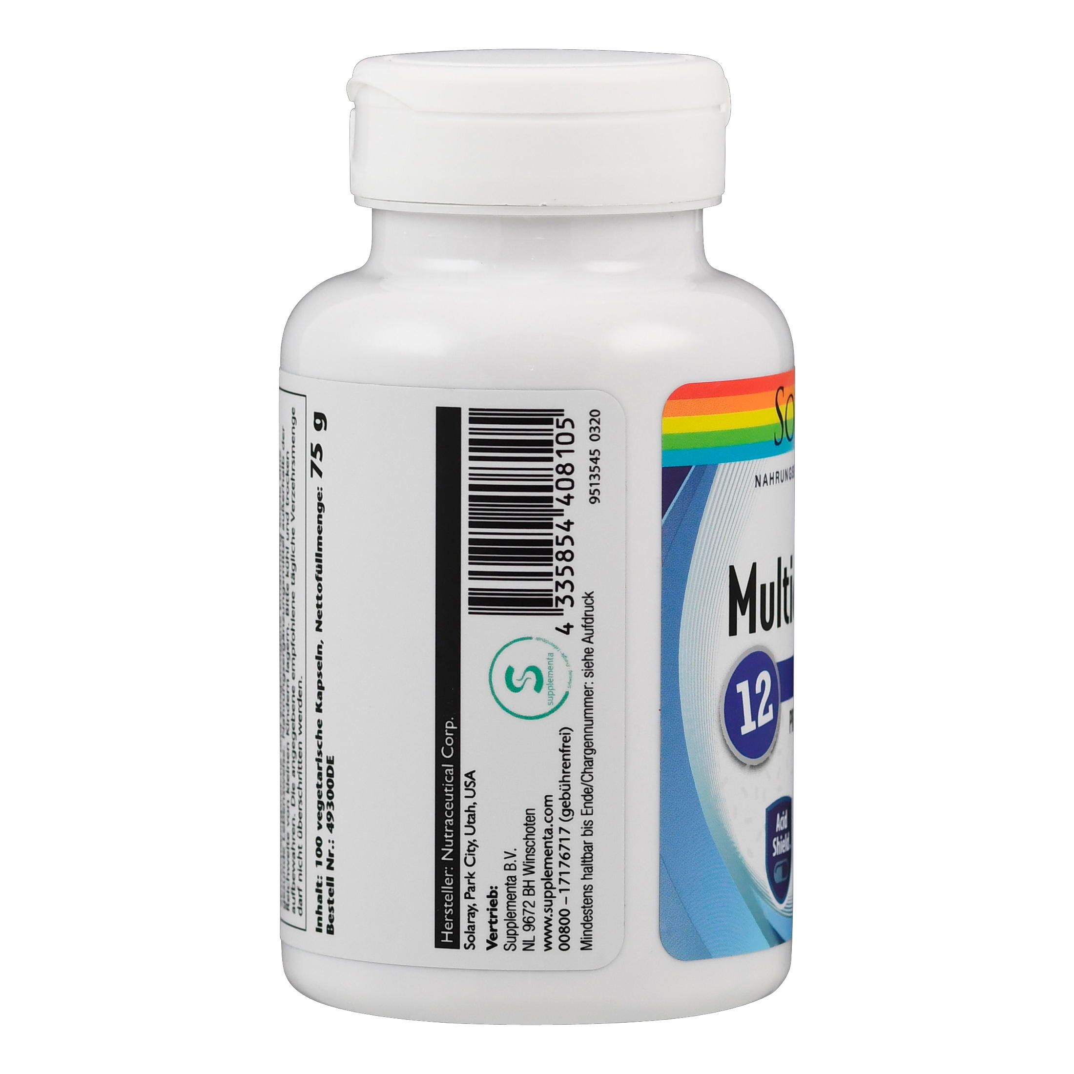 Weiße Flasche mit Solaray Multidophilus 12. Aufkleber mit Produktinformationen und Barcode. Grünes Siegel.