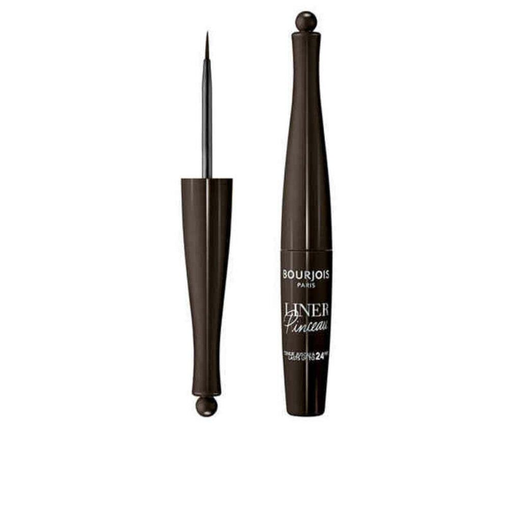 Brauner Eyeliner mit Pinsel. Flasche mit Schriftzug Bourjois Paris Liner Pinceau. Schwarze Spitze.