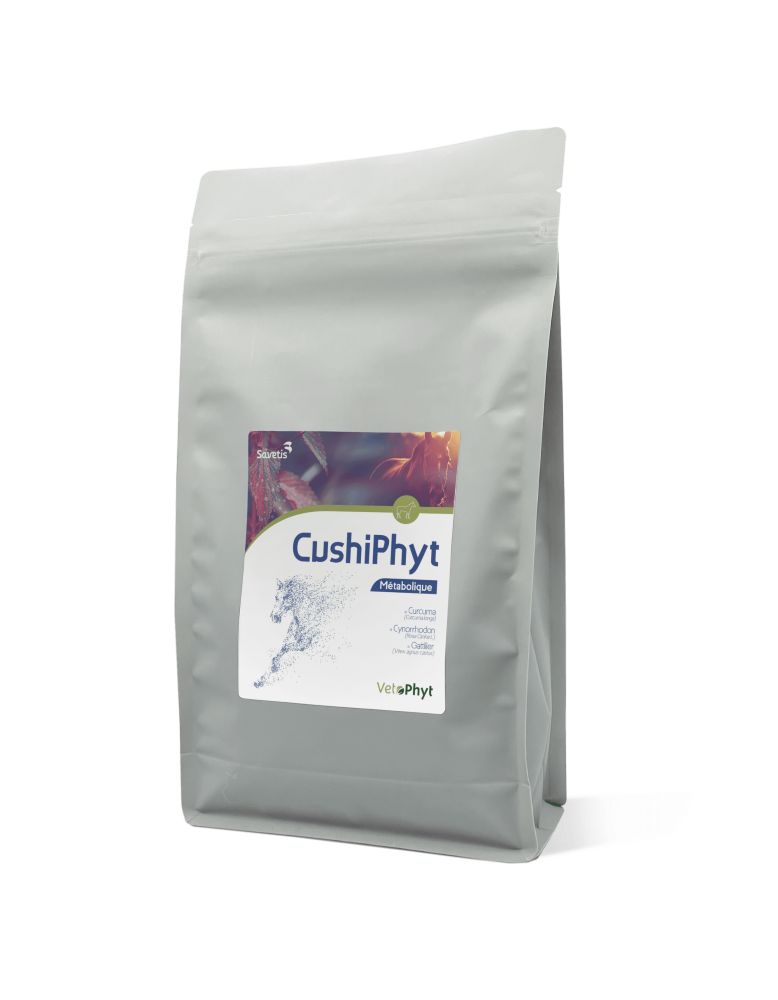 Graue Verpackung mit Etikett. Aufschrift "CushiPhyt" und "Vet&Phyt". Abbildung eines Pferdes.