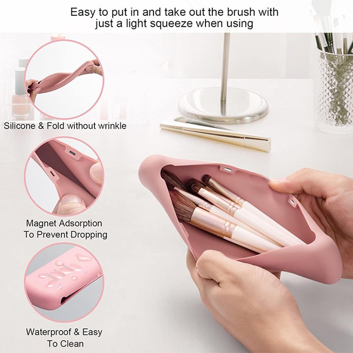 Rosa Silikon-Etui für Make-up-Pinsel mit Magnetverschluss, wasserdicht und leicht zu reinigen.