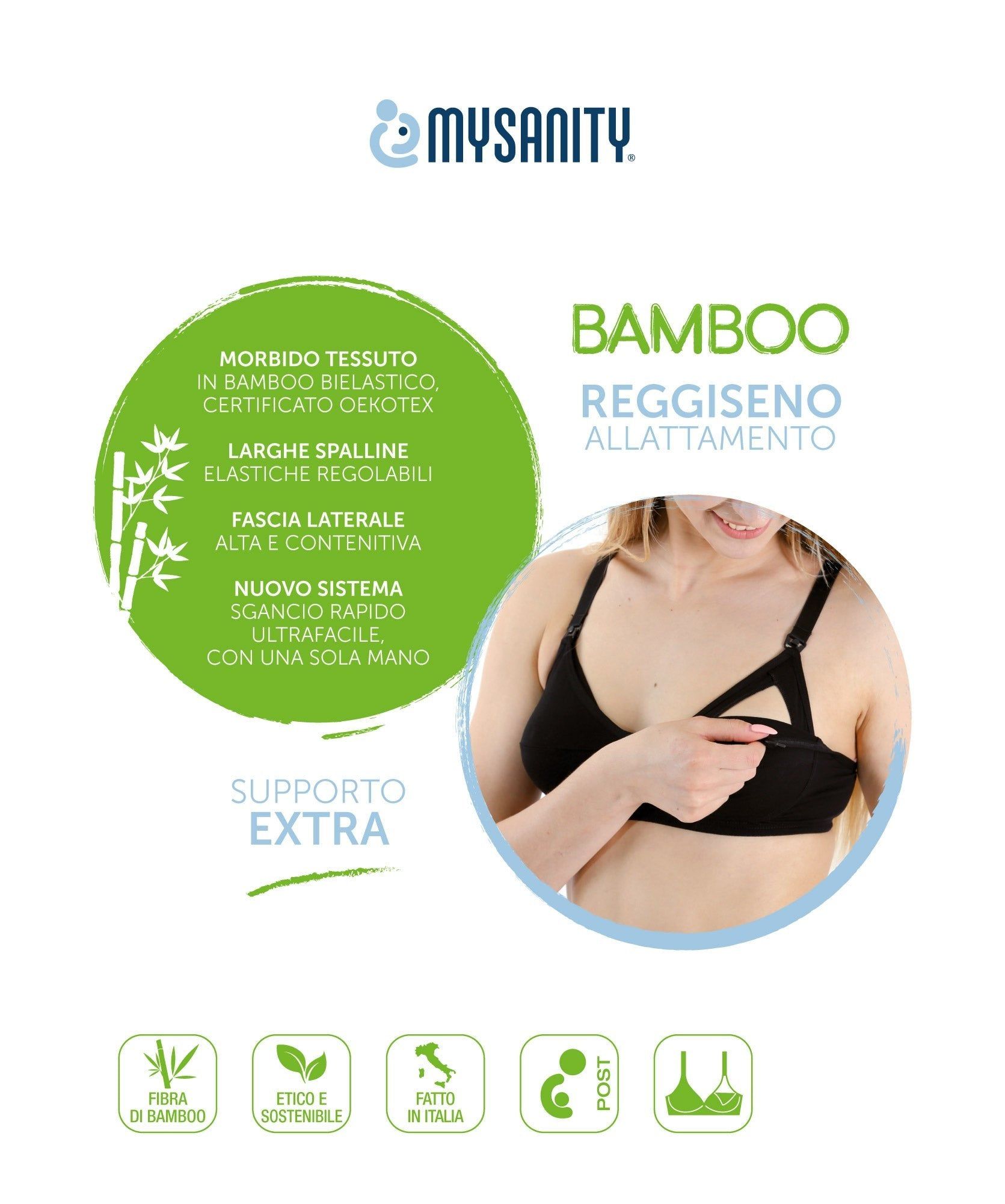 Werbebild für einen schwarzen Still-BH. Text: MYSANITY, Bamboo, Extra Unterstützung.