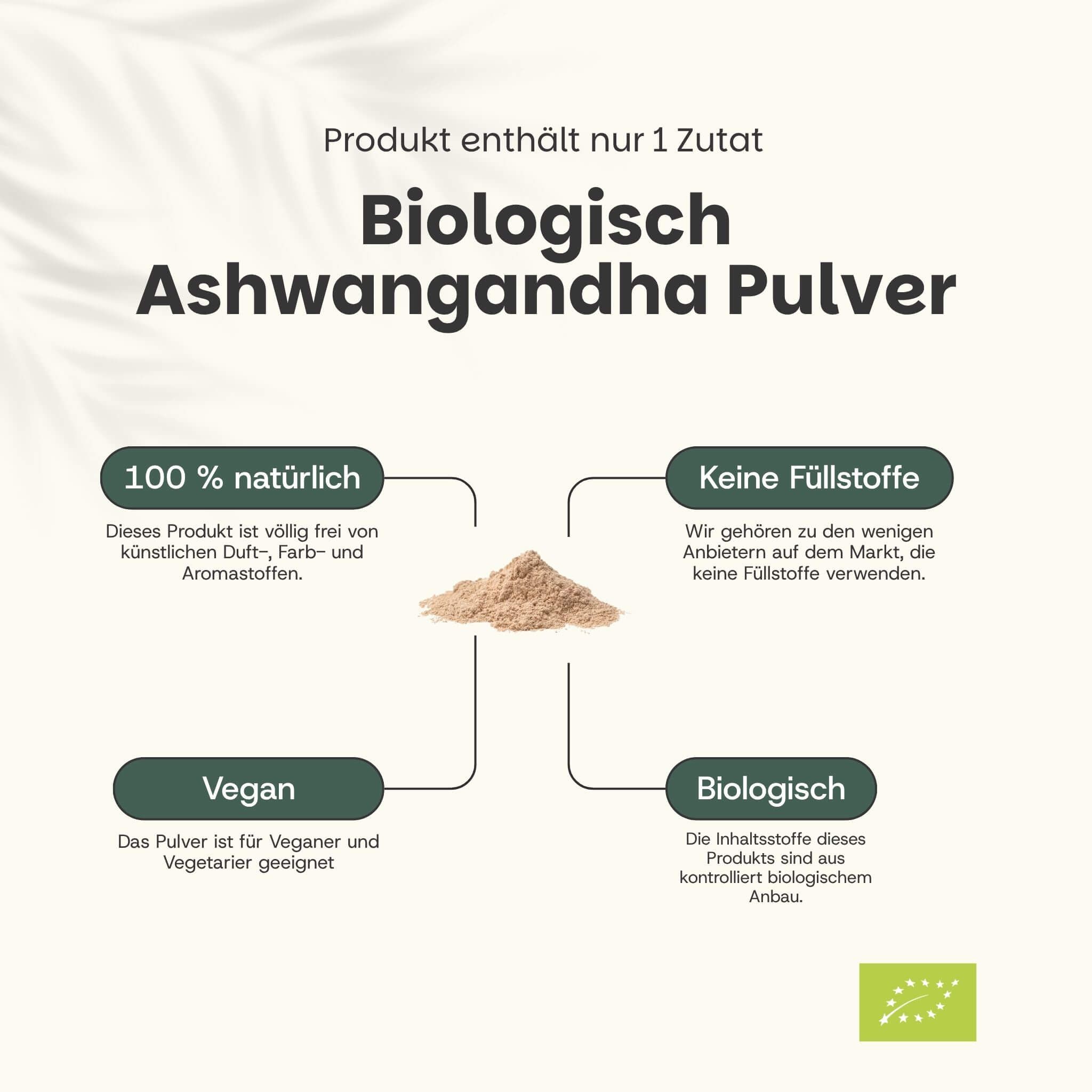 Text: Biologisch Ashwagandha Pulver. 100% natürlich, ohne Füllstoffe, vegan, biologisch. Mit Bio-Siegel.