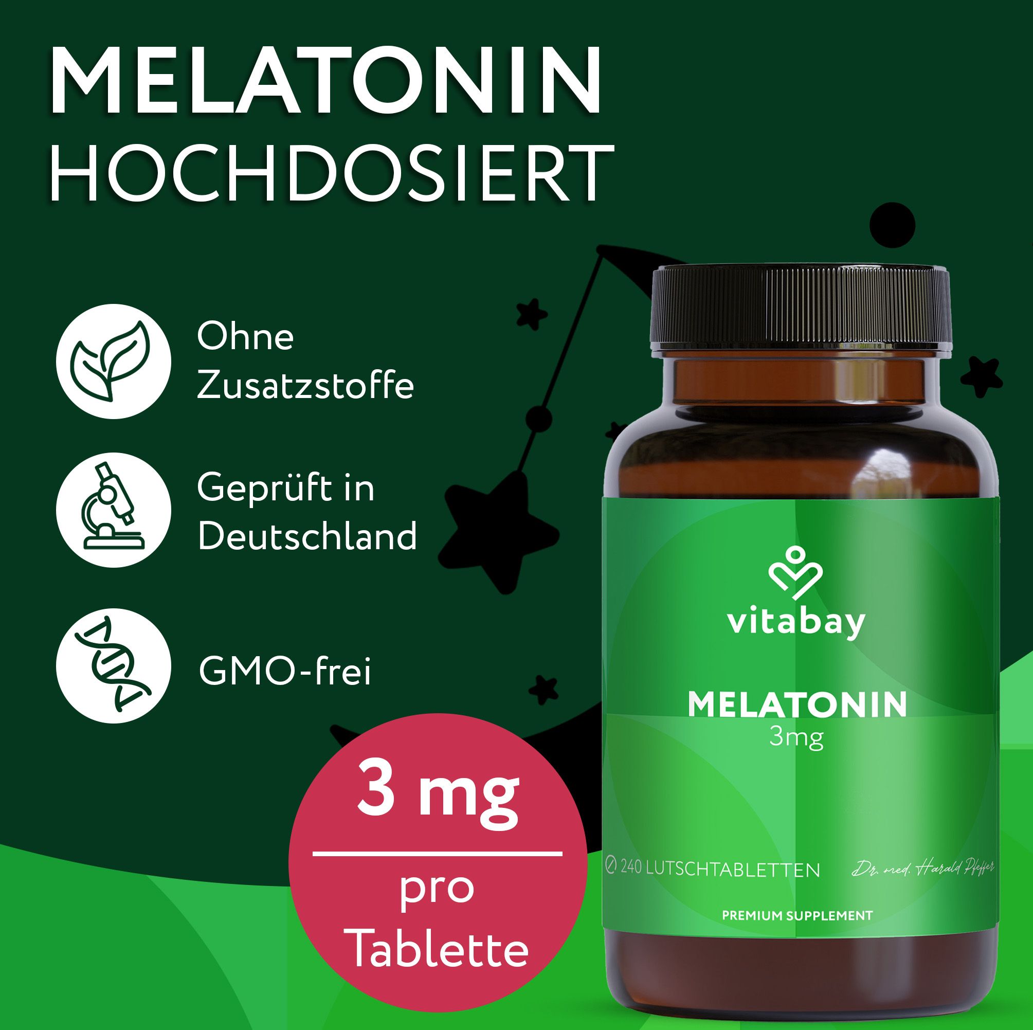 Vitabay Melatonin 3mg Fläschchen mit Symbolen für "Geprüft in Deutschland".
