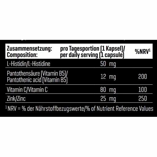 Nährwerttabelle mit Angaben zu L-Histidin, Pantothensäure, Vitamin C und Zink. Prozentuale Nährwertbezugswerte.