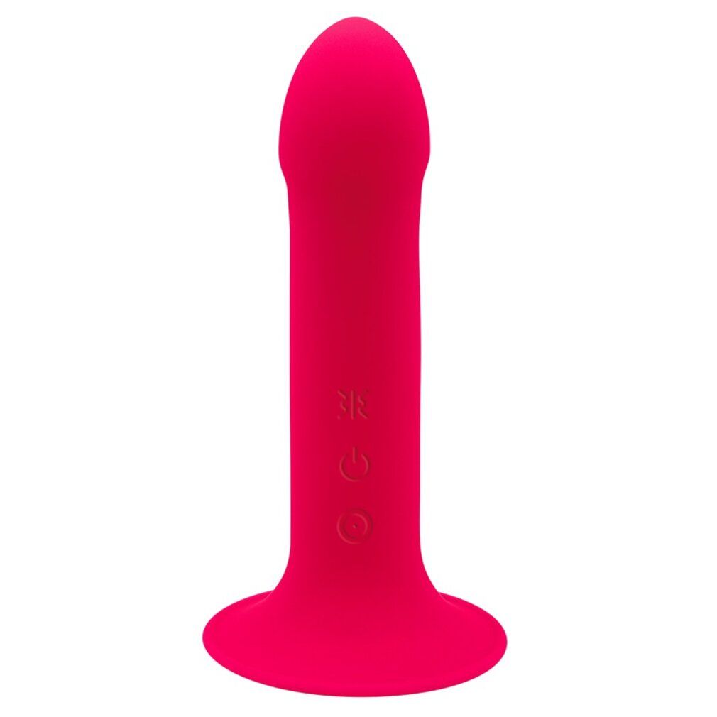 Rosa Vibrator mit abgerundeter Spitze und flachem Sockel. Steuerungssymbole sind sichtbar.