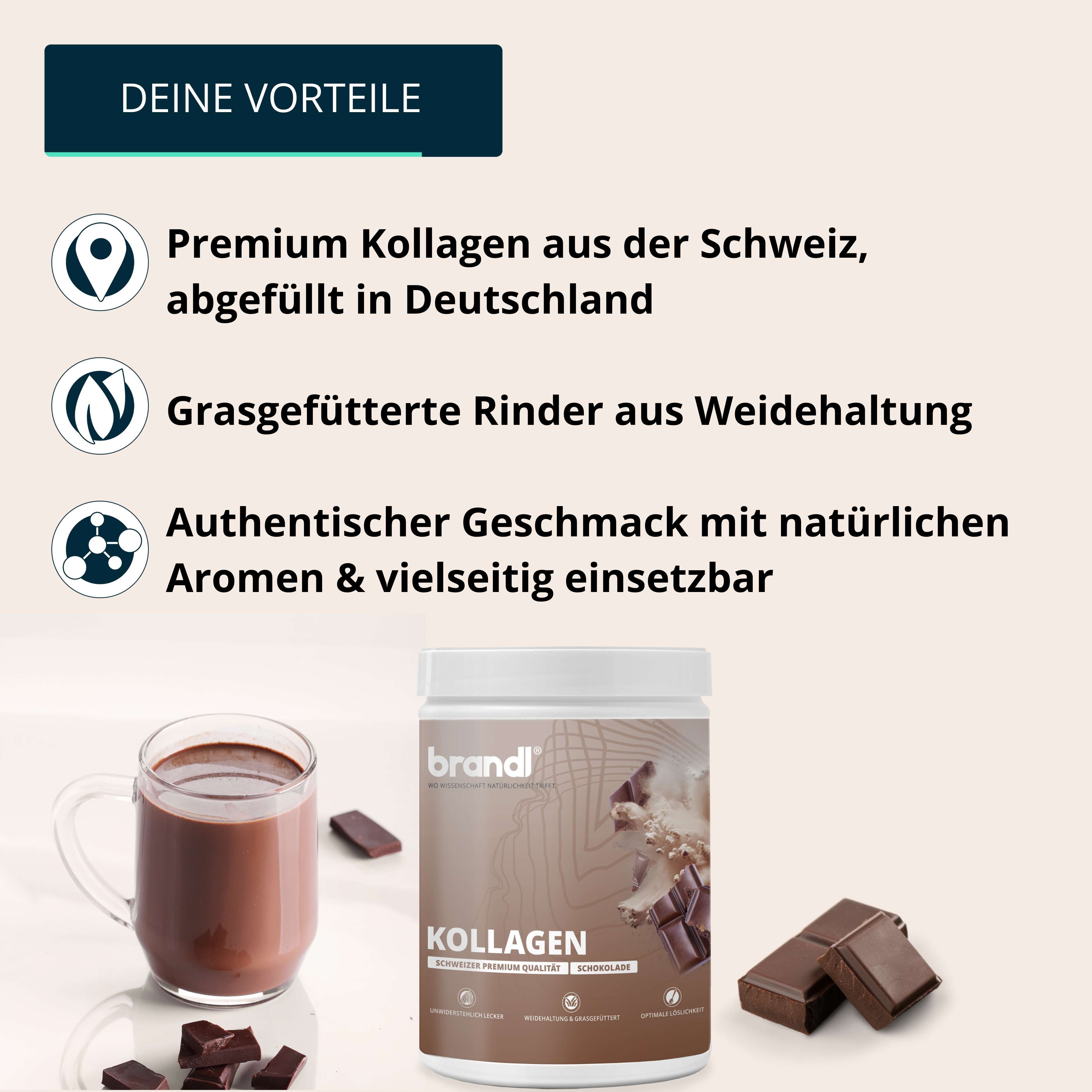 Produktglas mit Etikett. Text: Premium Kollagen aus der Schweiz. Glas mit Schokoladengetränk und Schokoladenstückchen.