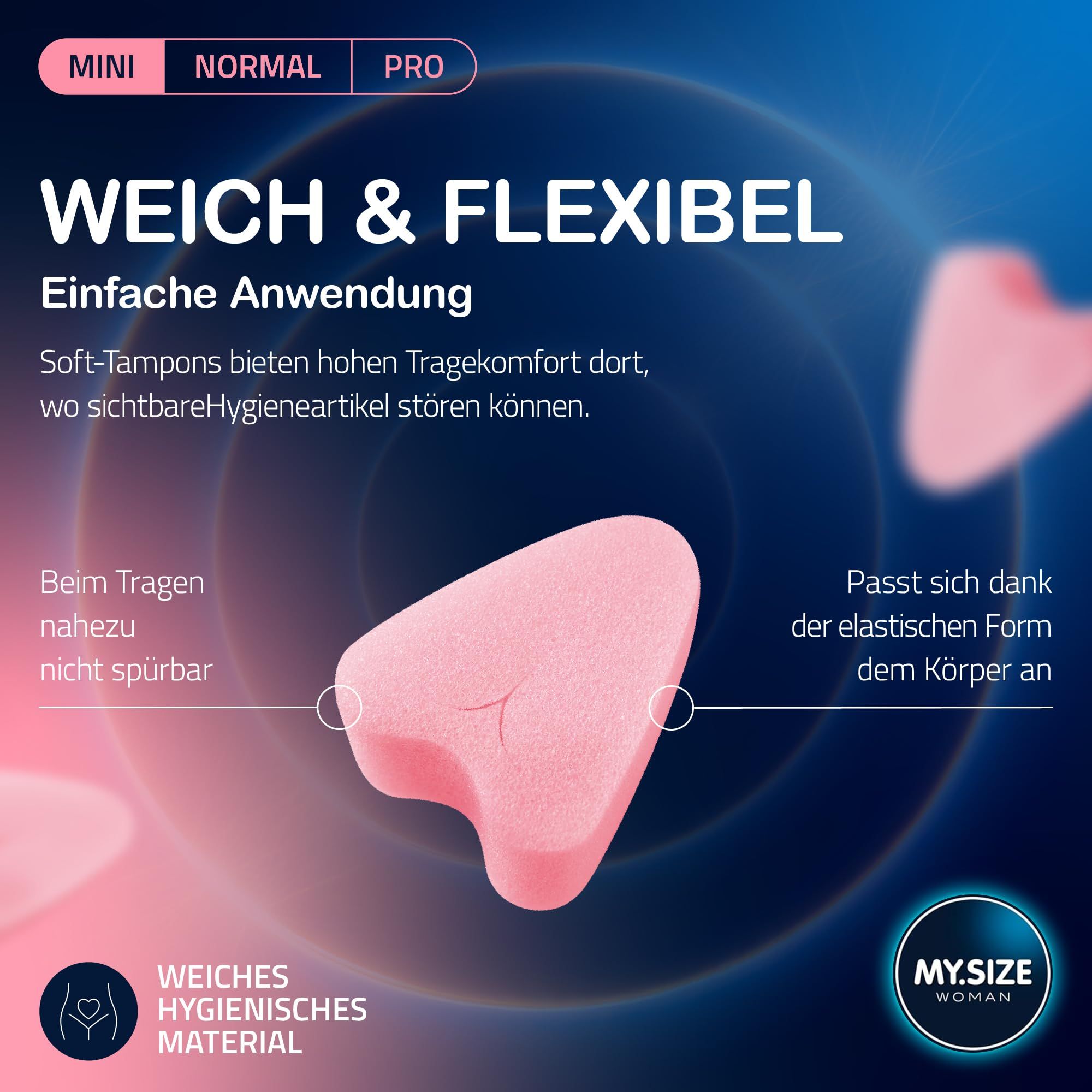 Rosa Soft Tampon mit Herzform, aus weichem, hygienischem Material.