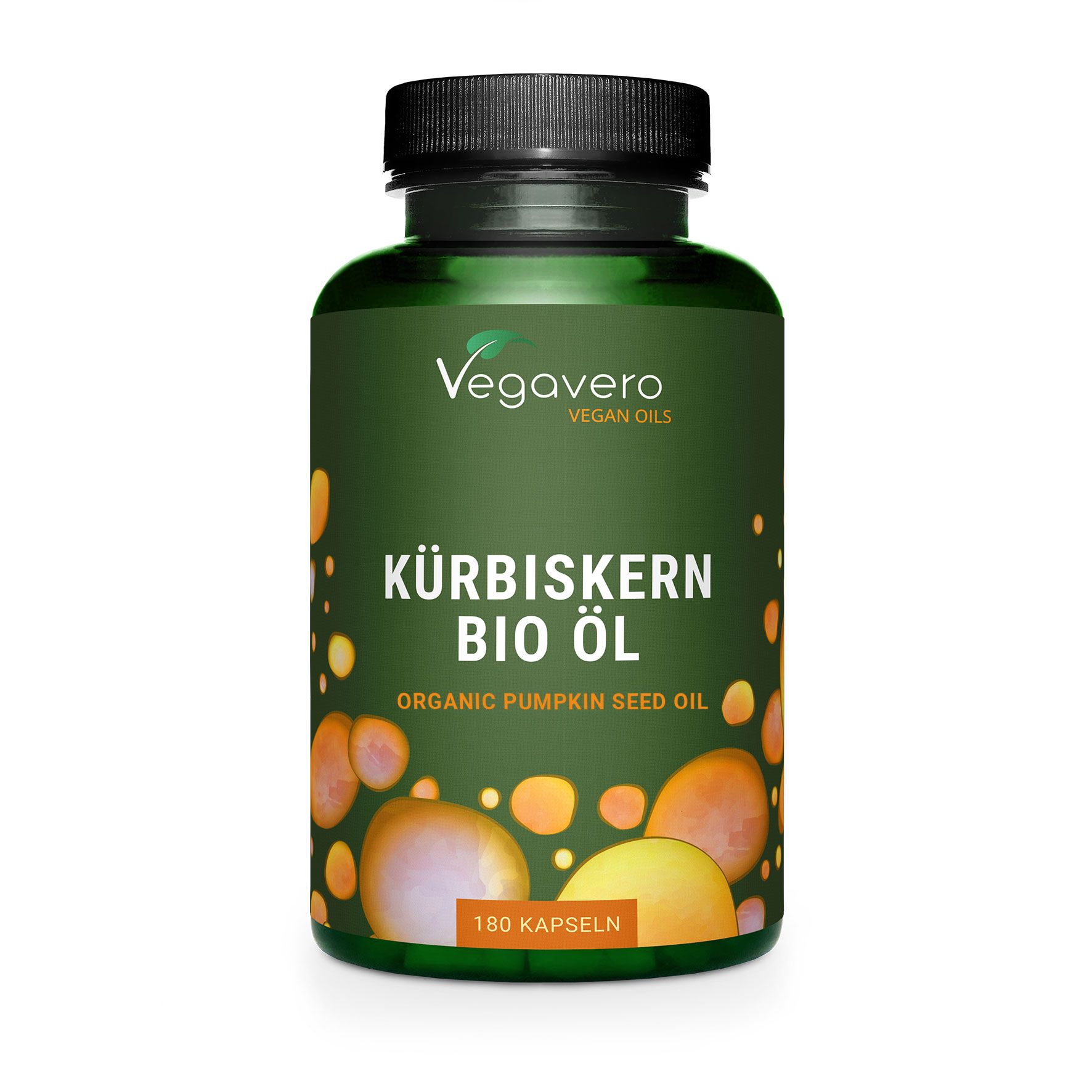 Grüne Flasche mit schwarzen Deckel. Aufschrift: Kürbiskern BIO Öl. Vegavaro Logo. 180 Kapseln.
