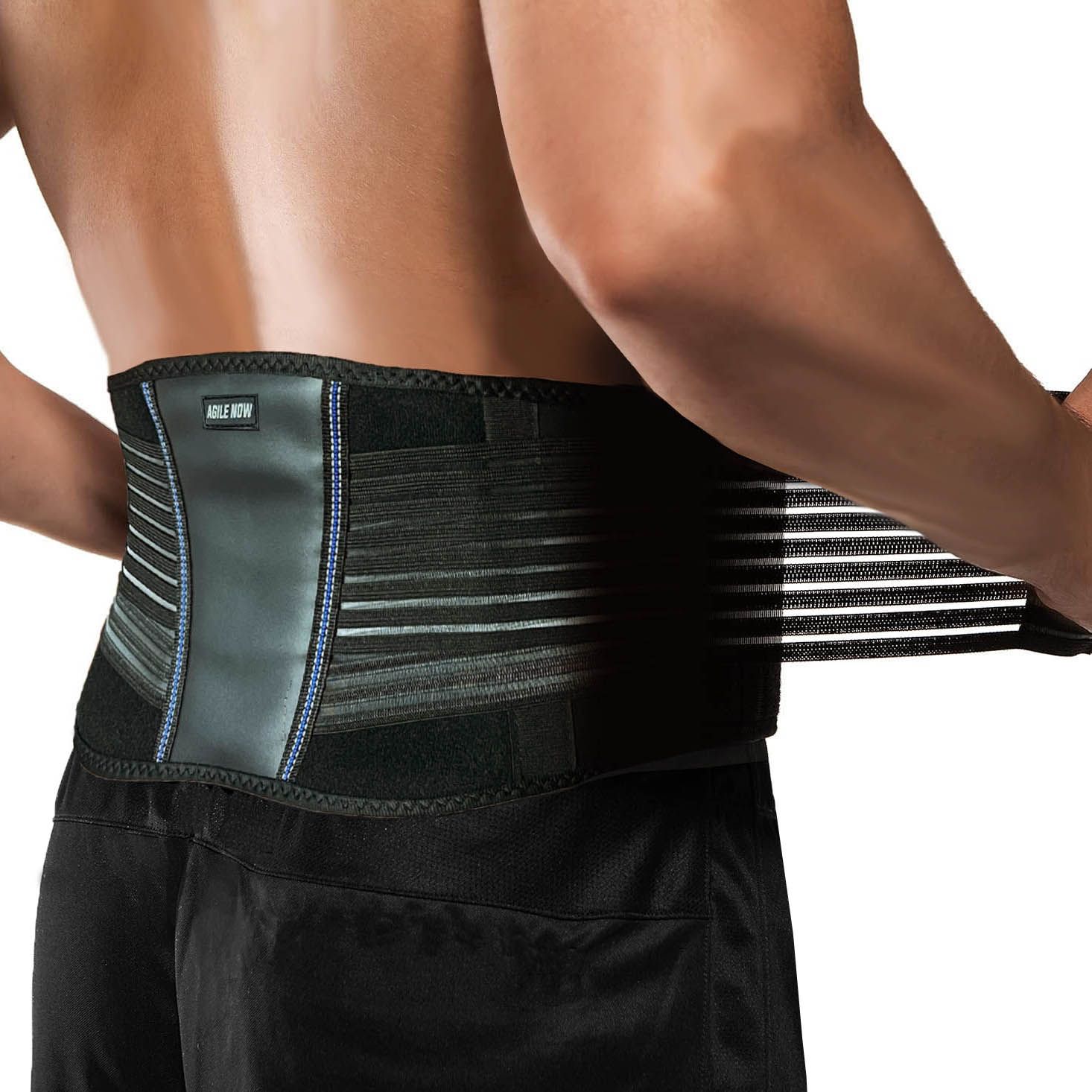 Rückenstützgürtel, schwarz, mit elastischen Bändern und Klettverschluss. Trägt ein Mann, von hinten gesehen.