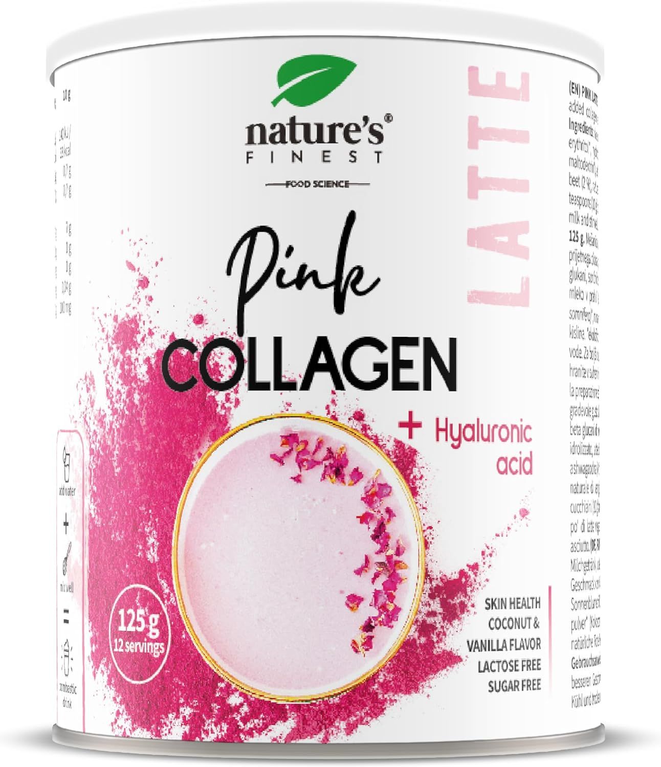 Dose Nature's Finest Pink Collagen Latte. Rosa Pulver, 125g, 12 Portionen. Mit Hyaluronsäure und Ashwagandha.