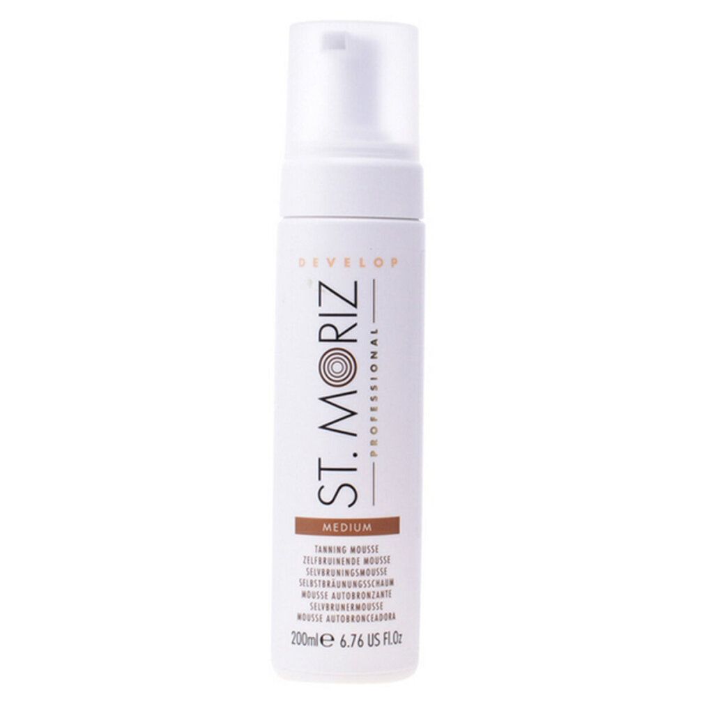 Weiße Flasche mit Sprühkopf. Aufschrift: St. Moriz Professional, Medium, Selbstbräunungsmousse. 200ml.