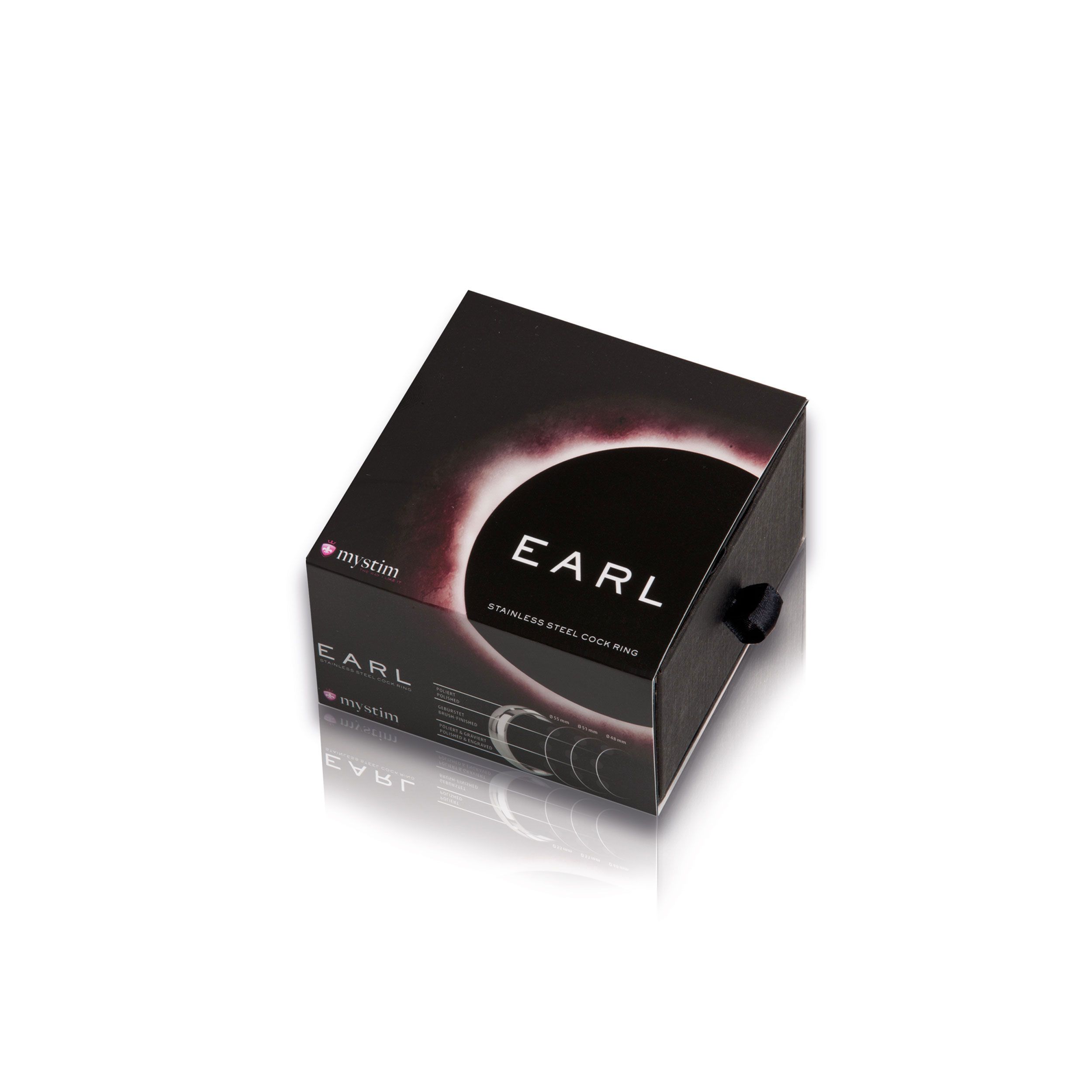 Verpackung mit Produktnamen EARL. Schwarzer Karton mit weißer Schrift. Marke Mystim.