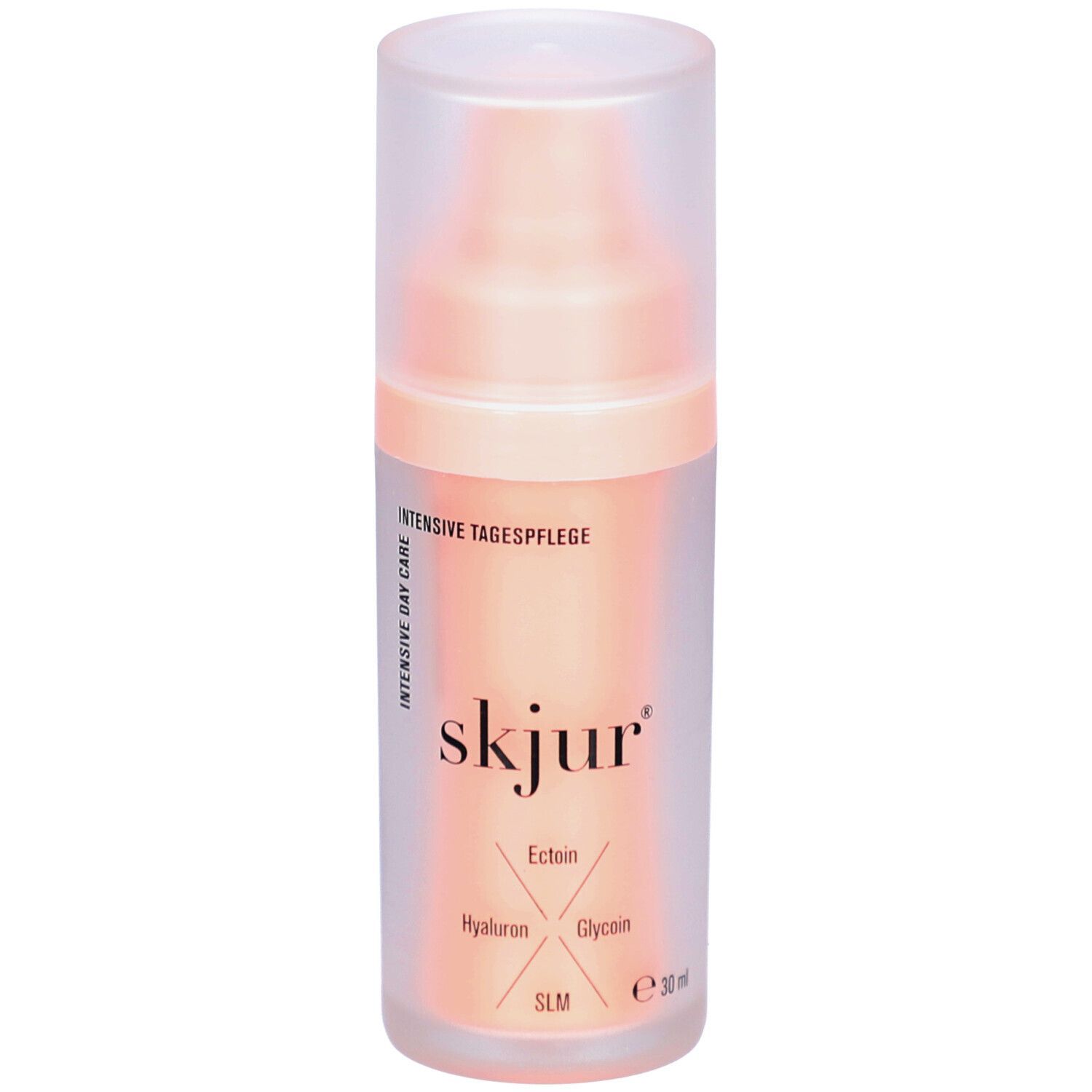 Creme-Spender mit durchsichtiger Kappe. Aufschrift: skjur, Ectoin, Hyaluron, Glycein, SLM. Aufdruck: Intensive Tagespflege.
