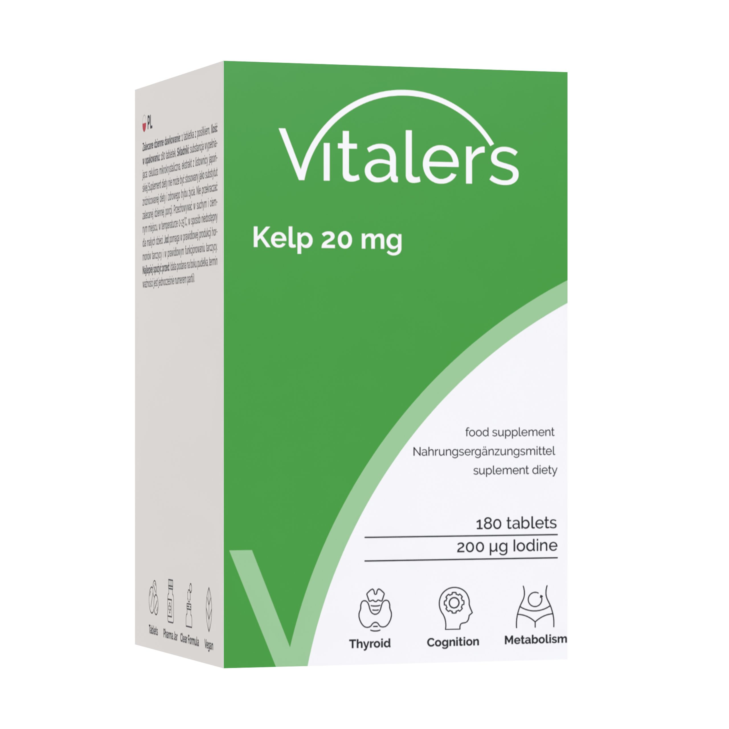 Vitaler's Kelp 20 mg Verpackung. Enthält 180 Tabletten, 200 µg Jod. Unterstützt Stoffwechsel, Schilddrüse, Kognition.