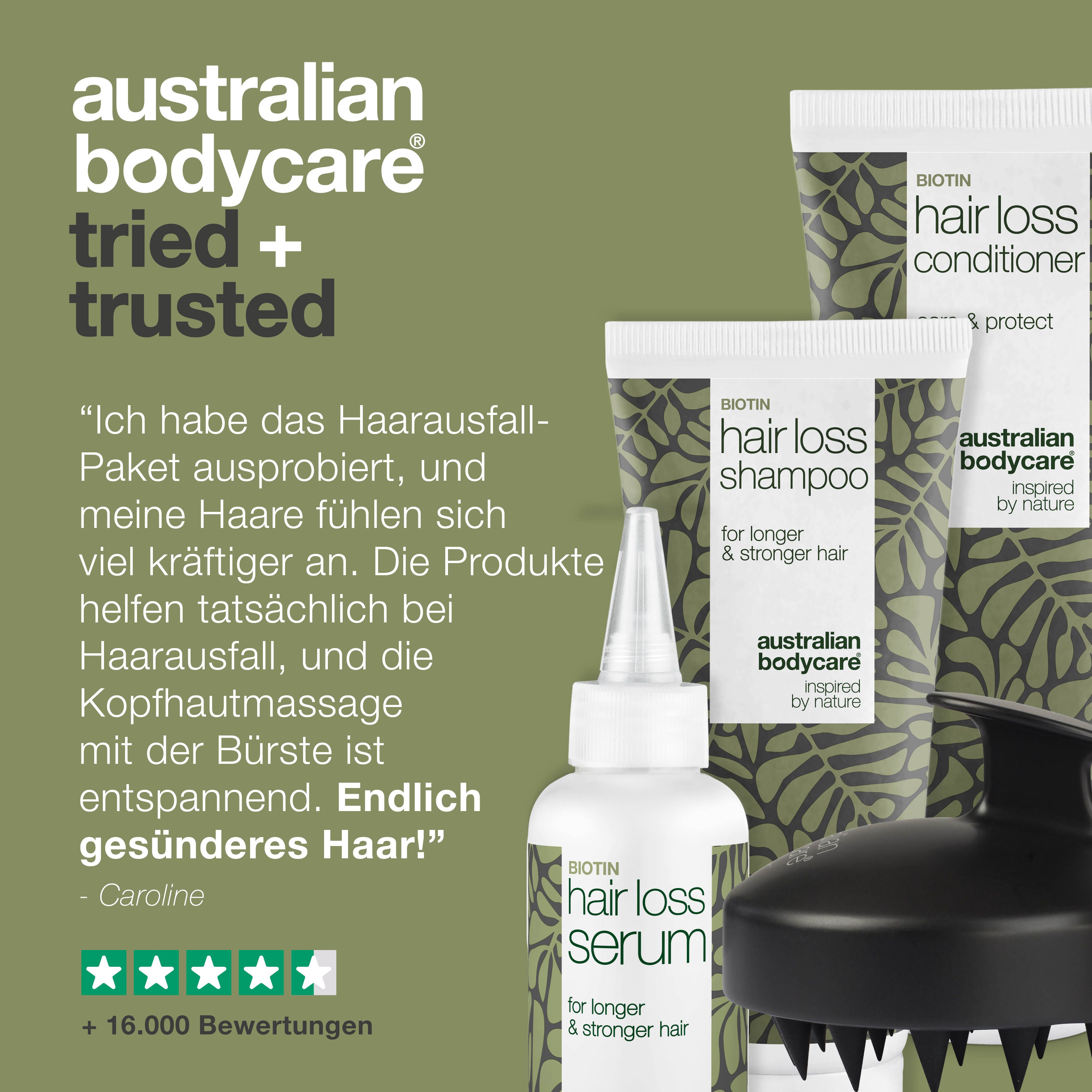 Haarausfall-Paket mit Shampoo, Conditioner, Serum und Kopfhautbürste. Text: Endlich gesünderes Haar!