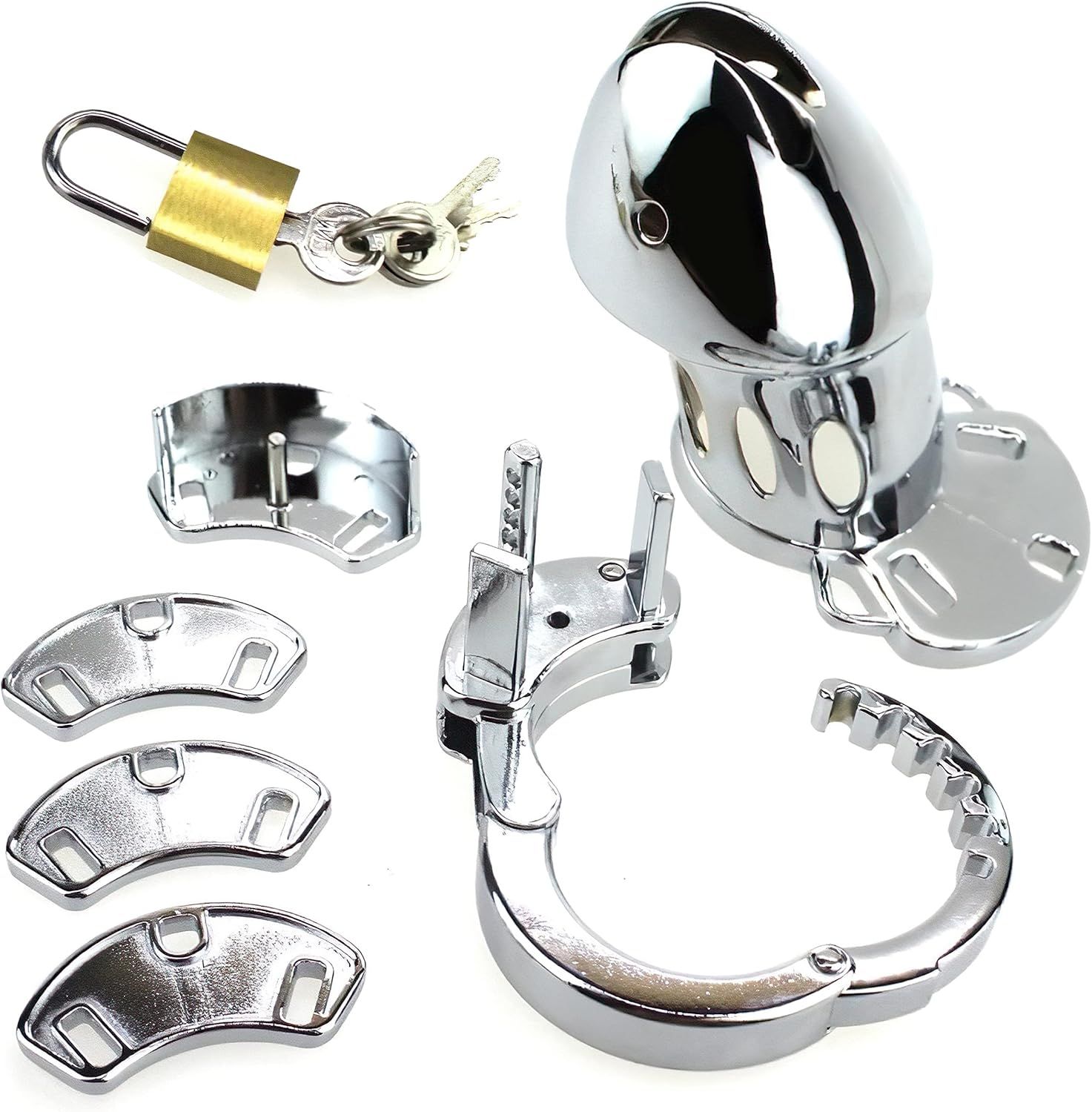 Keuschheitskäfig aus Metall, zerlegt. Enthält Käfigteil, Ring, mehrere Platten, Schlüssel und Schloss.