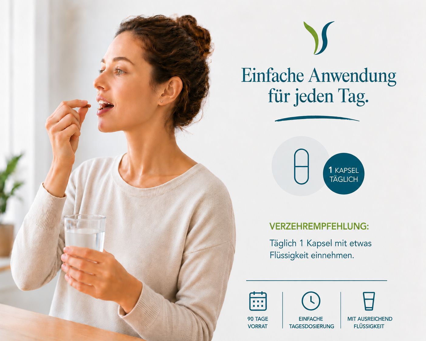 Frau nimmt Kapsel ein, Glas Wasser daneben. Icons für Anwendung und Dosierung.