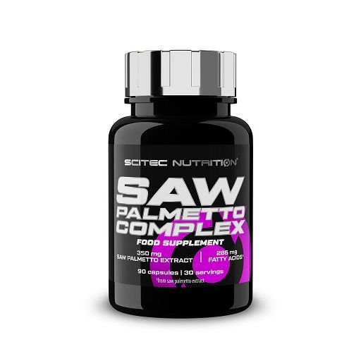Schwarze Flasche mit silbernem Deckel. Aufschrift: Scitec Nutrition, Saw Palmetto Complex, Food Supplement. Enthält 90 Kapseln.