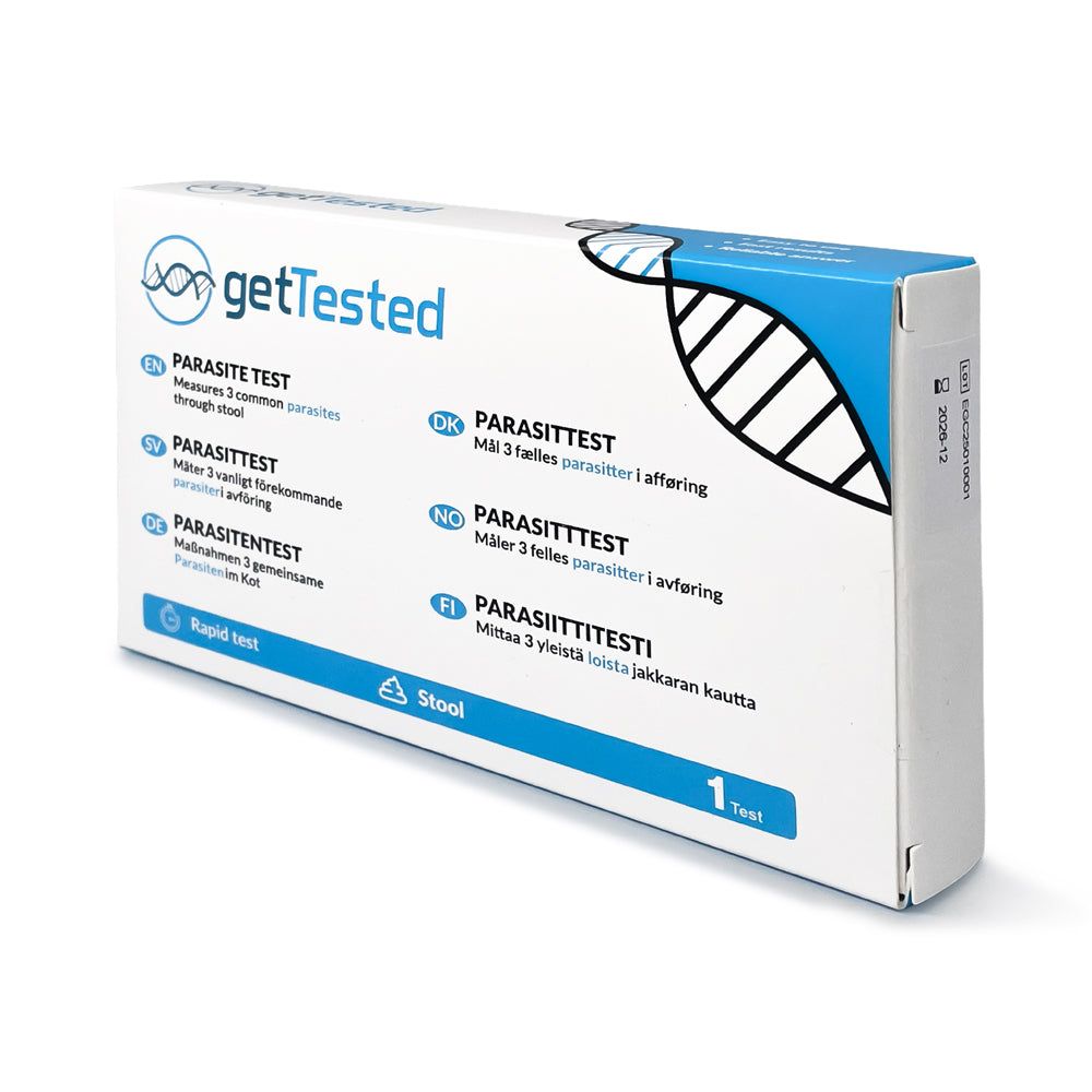 GetTested Parasiten Test. Weiße Schachtel mit blauem Akzent. Text: Parasitentest, Rapid Test, 1 Test. Enthält Informationen in mehreren Sprachen.
