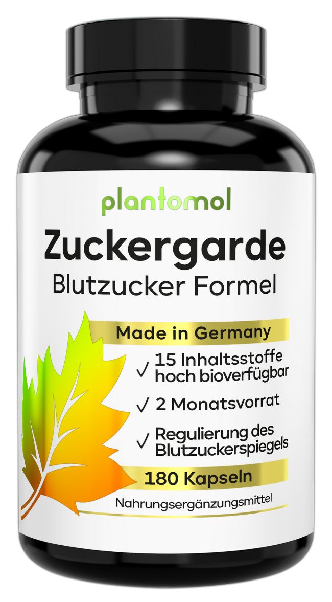 Schwarze Flasche mit Kapseln. Aufschrift: plantomol Zuckergarde Blutzucker Formel. 180 Kapseln. Made in Germany.