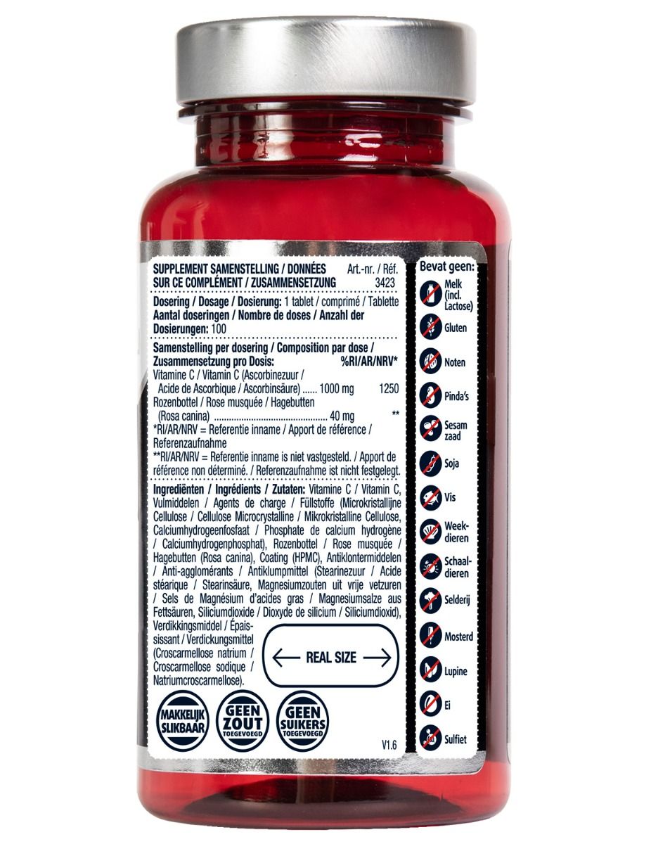 Rückseite einer Flasche Lucovitaal Vitamin C 1000 mg mit Zutatenliste und Allergeninformationen.