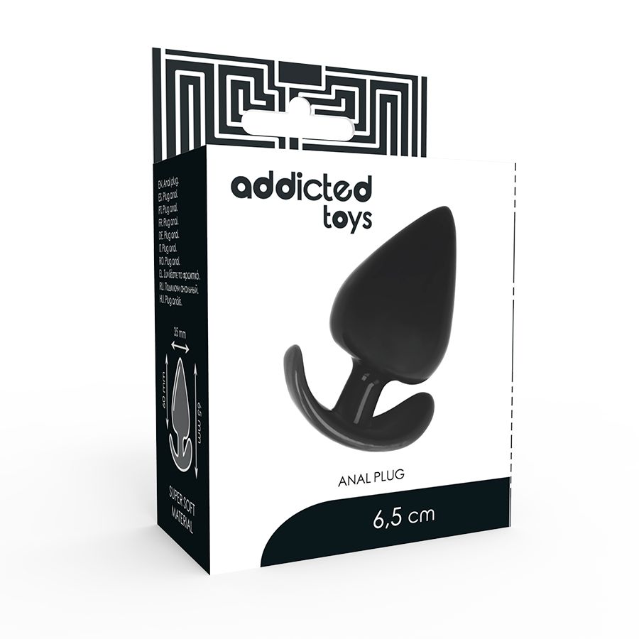 Verpackung mit Markenlogo und Produktbezeichnung. Schwarzer Analplug mit tropfenförmiger Spitze und gebogener Basis.