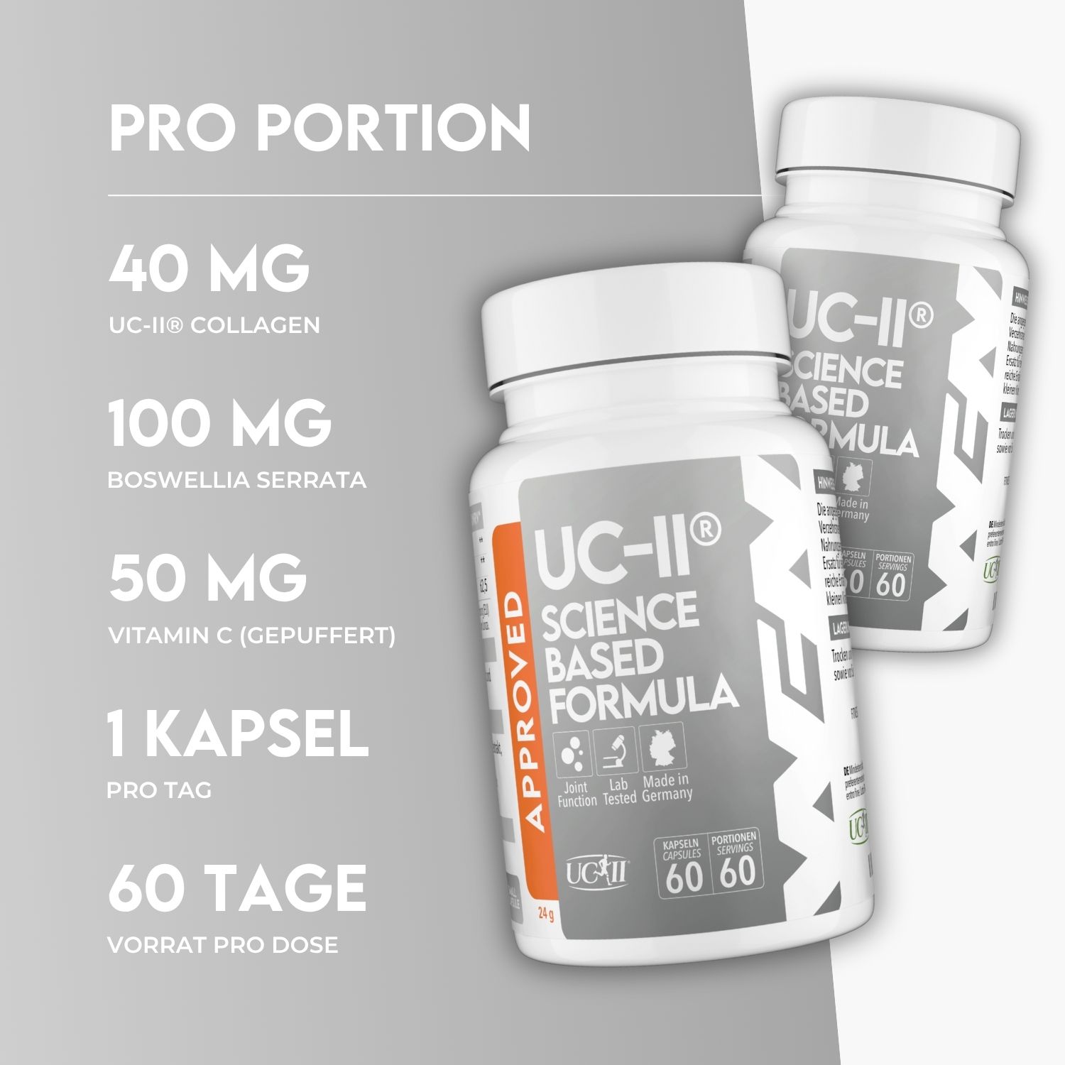 Zwei Flaschen mit Kapseln. Aufschrift: UC-II, Science Based Formula, Approved. 60 Kapseln. Text: 40 mg UC-II Kollagen.