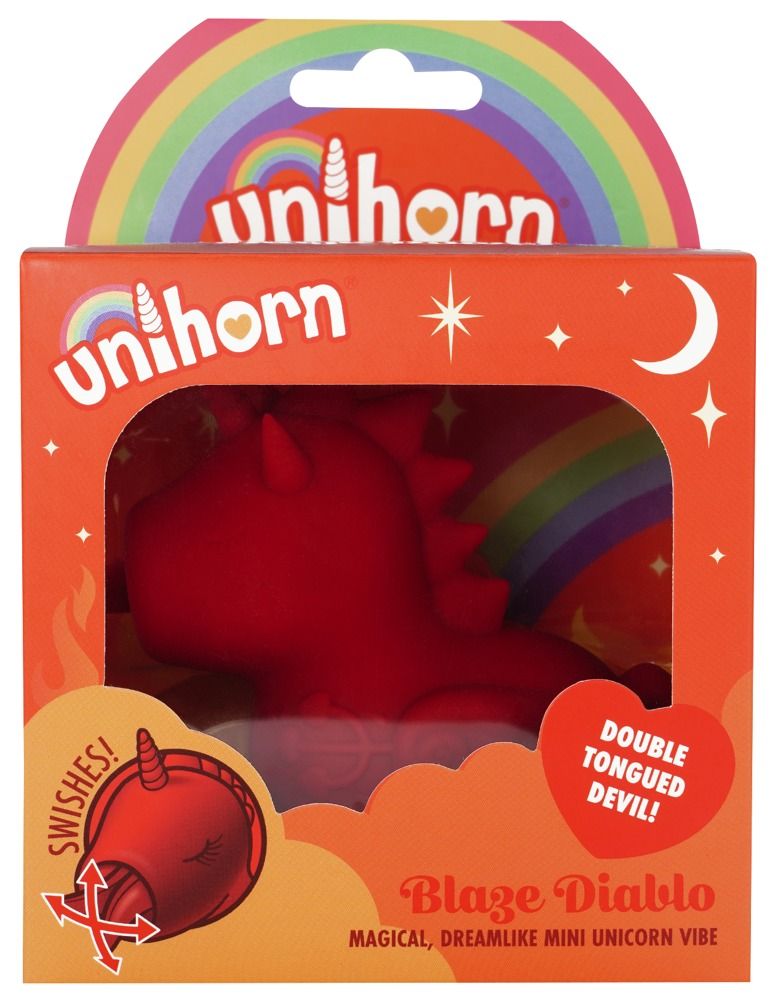 Unihorn Blaze Diablo Vibrator in roter Geschenkverpackung mit Regenbogen-Motiv.