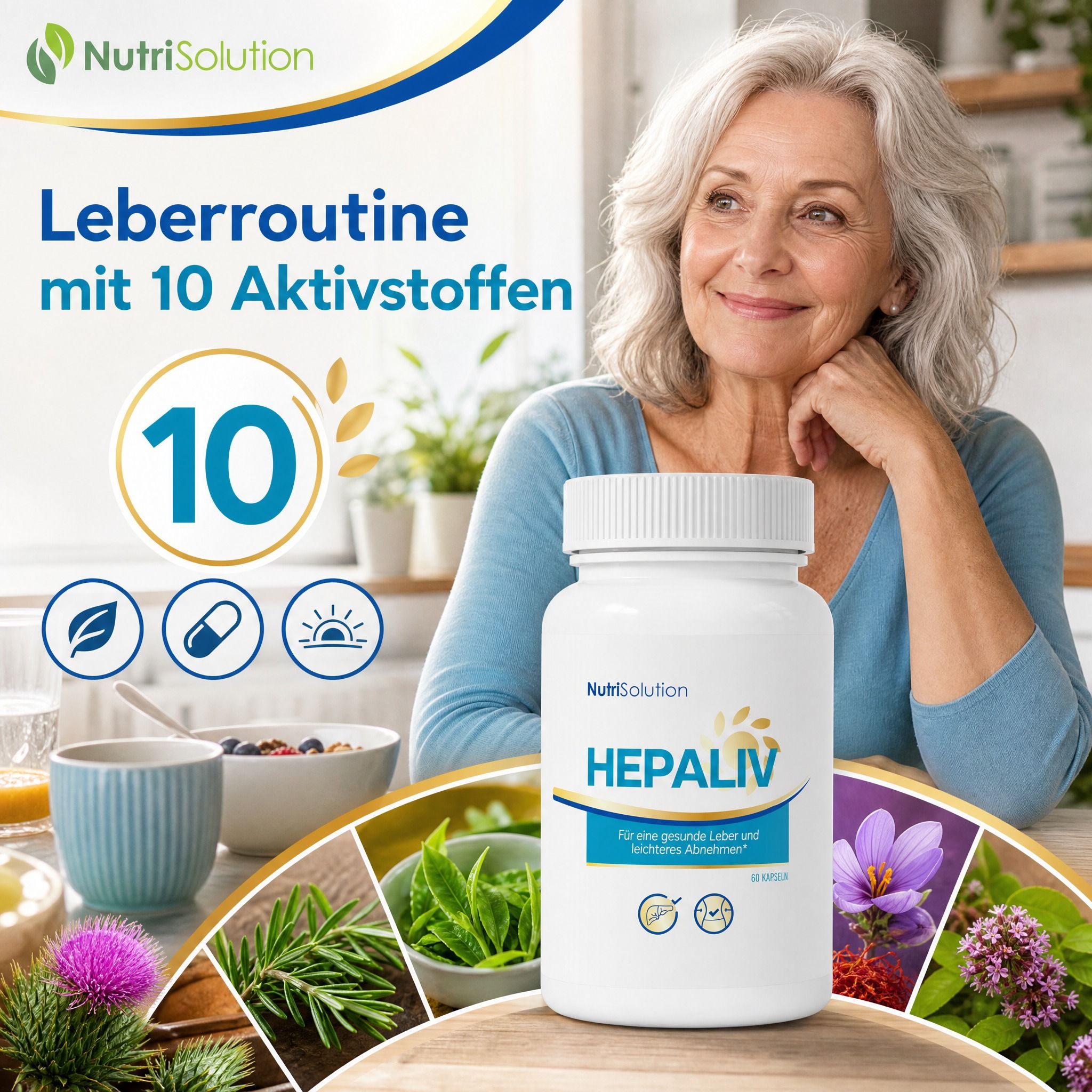 Frau am Tisch mit NutriSolution Hepaliv-Flasche, Müsli und Früchten. Leberroutine mit 10 Wirkstoffen.