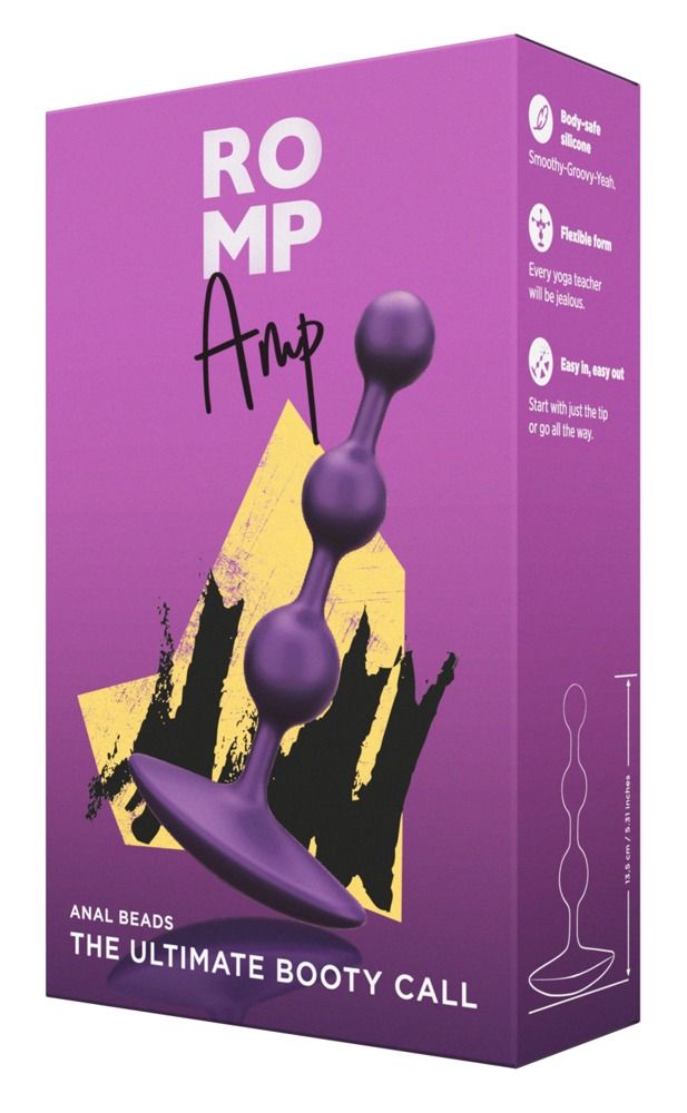 Verpackung von Romp Amp Flexible Analkette lila. Produktabbildung, Text und Illustrationen auf lila Hintergrund.