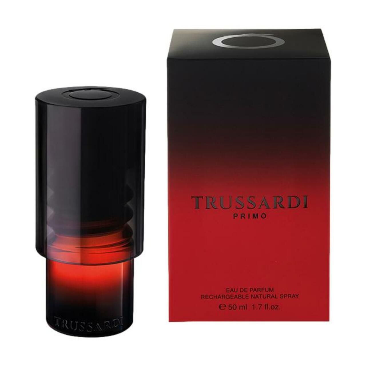 Schwarzer Flakon und Schachtel. Flakon mit rotem Farbverlauf. Auf der Schachtel steht TRUSSARDI PRIMO. EdP Nat. Spray.