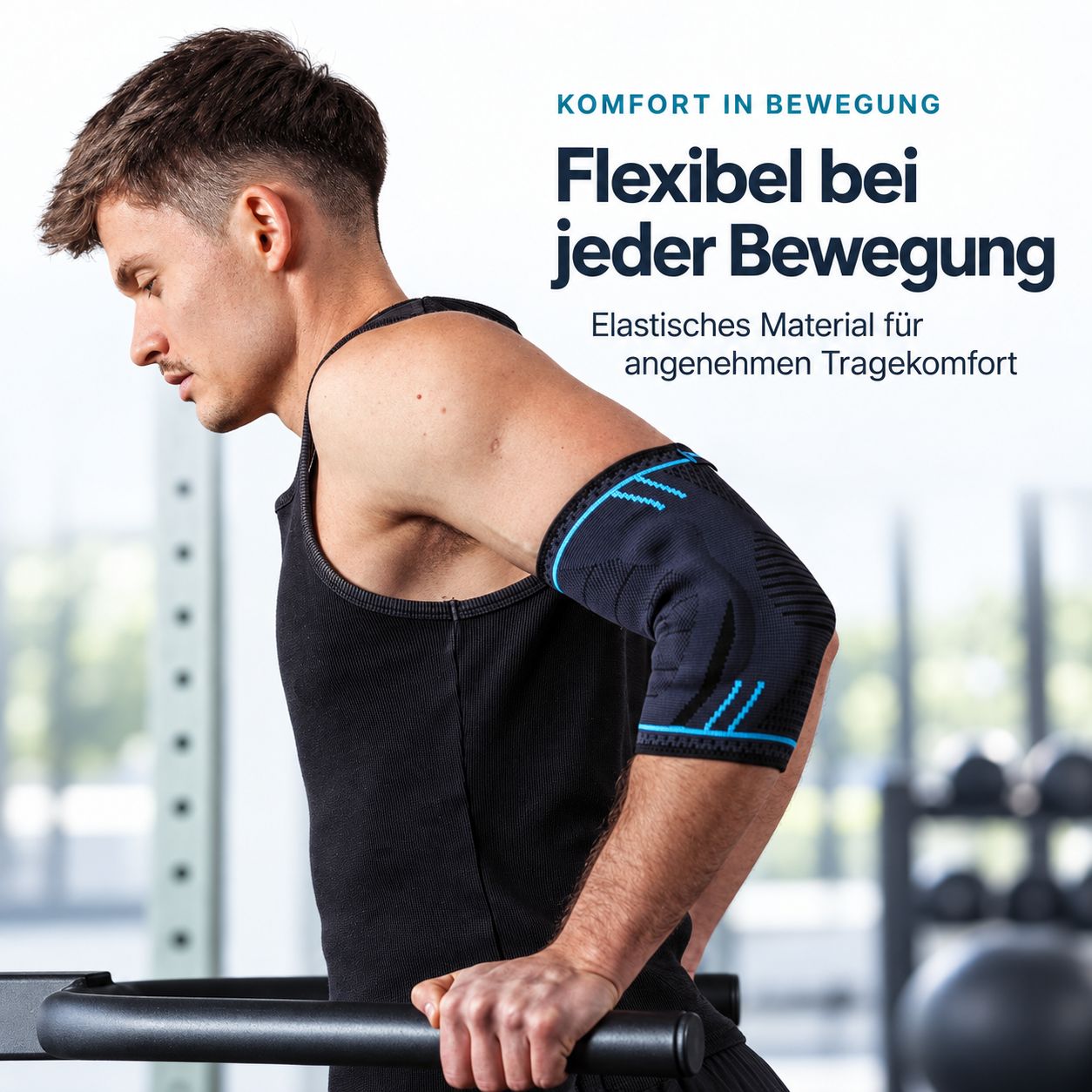 Mann trägt Ellenbogenbandage beim Training, die Flexibilität und Komfort betont.