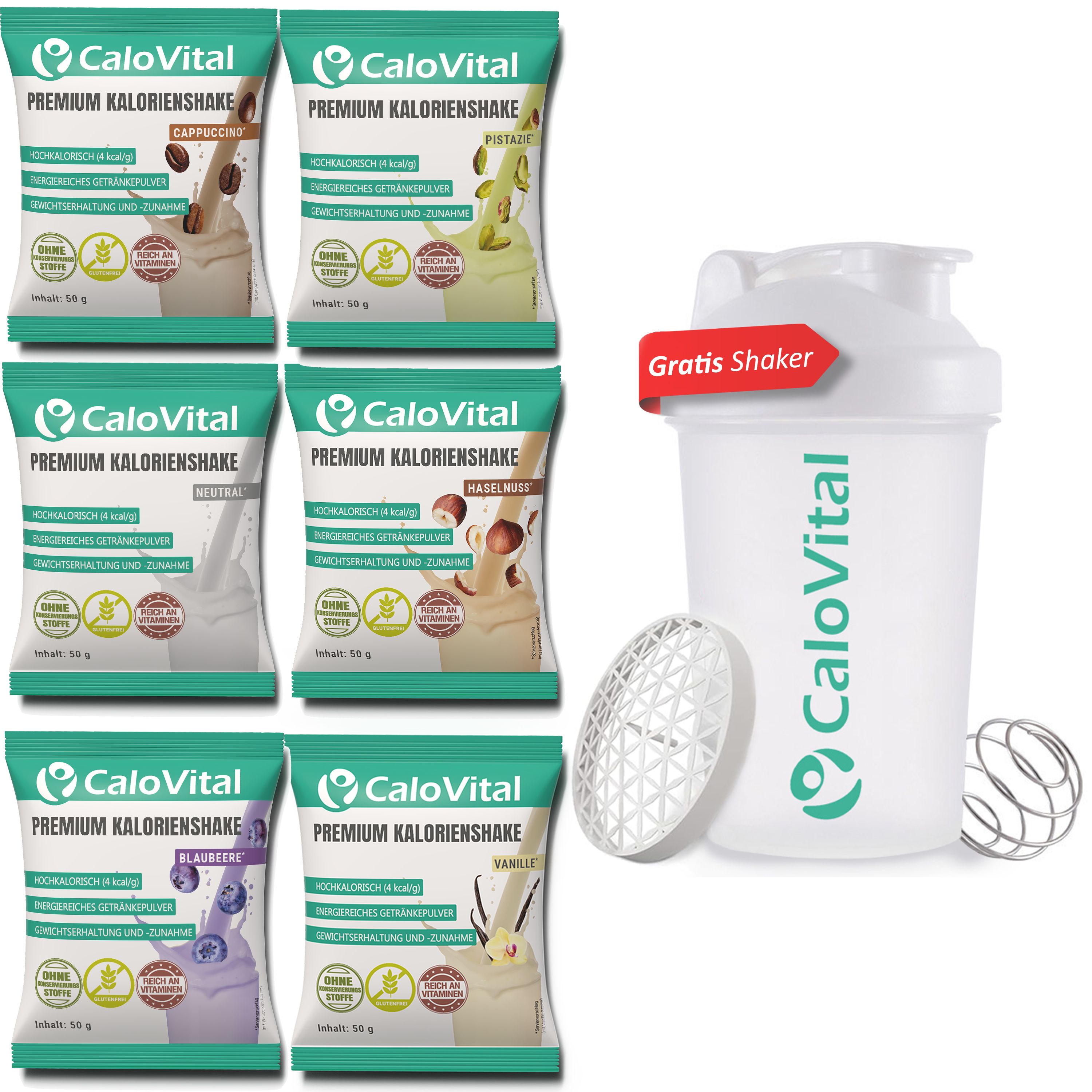 Sechs Beutel CaloVital Premium Kalorienshake in verschiedenen Geschmacksrichtungen und ein Shaker mit Gratis-Aufkleber.