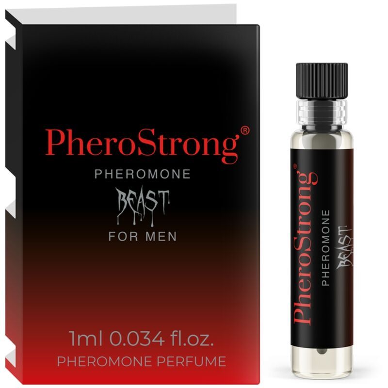 PheroStrong Beast Pheromon-Parfum für Männer, 1ml Fläschchen und Verpackung.