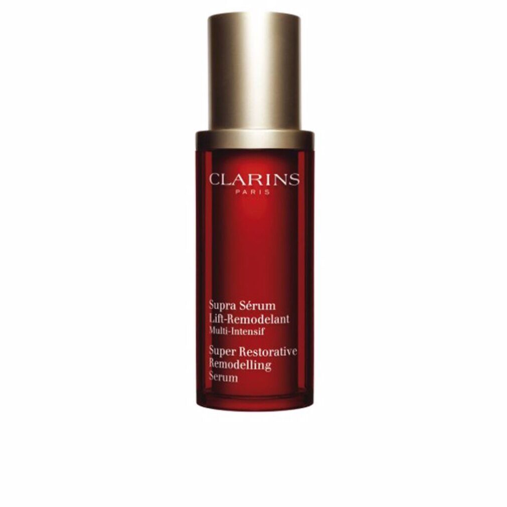 Clarins Flakon mit rotem Serum und goldener Kappe. Beschriftung: Supra Sérum Lift-Remodelant Multi-Intensif.