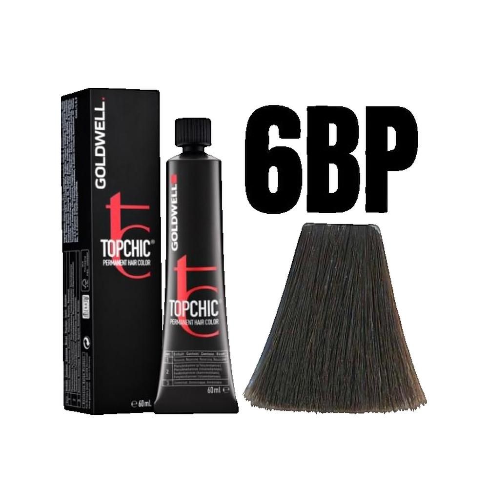 Goldwell Topchic Haarfarben-Tube und -Verpackung. Farbton 6BP. Daneben ein Haarfarben-Strang. Preis: 6 GBP.