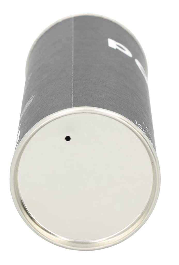 Draufsicht auf die Unterseite einer schwarzen zylindrischen Verpackung. Silberfarbener Rand, Loch in der Mitte.